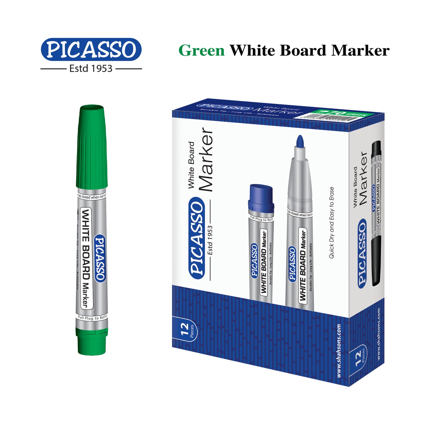 Picasso High Quality White Board Marker 12 Pcs in Cardboard Box - Available in 4 Ink Colours Blue, Black Red and Green