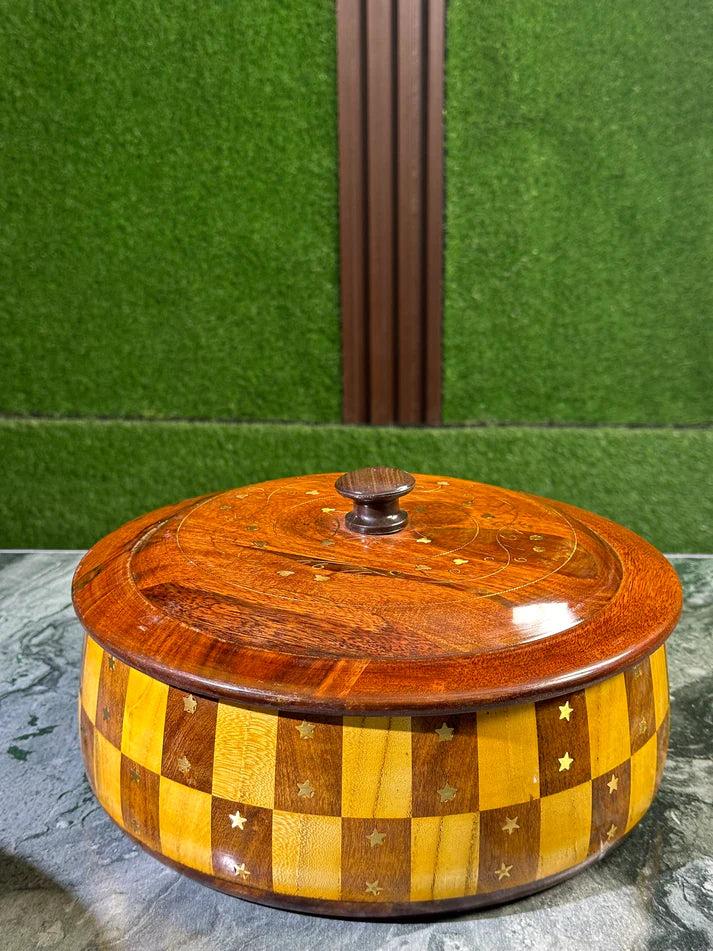 WOODSY Handcrafted 12-Inch Tukri Wooden Hotpot with Brass Detailing