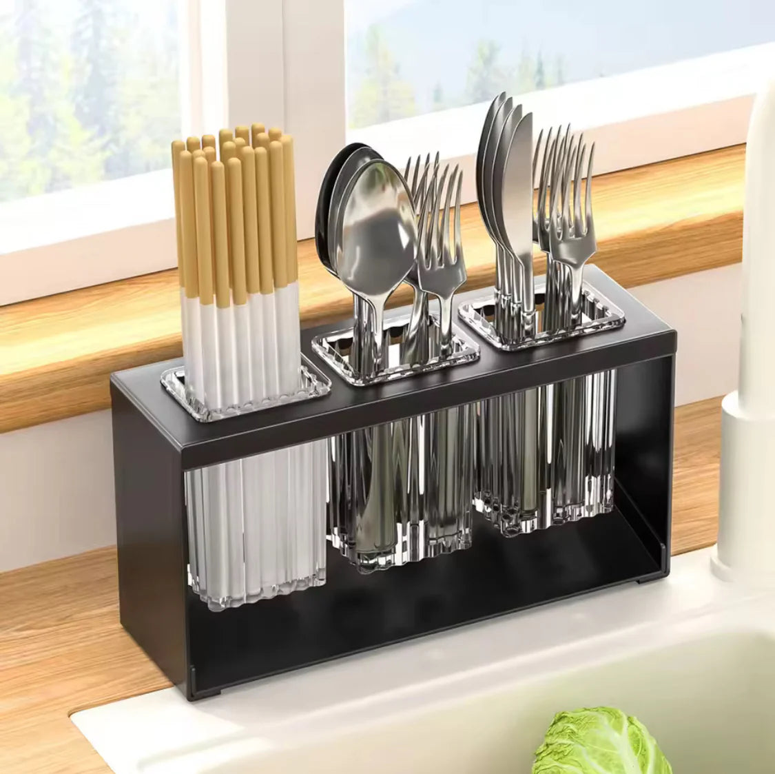 Acrylic Cutlery Holder with Metal Stand Multi-Grid Kitchen Organizer & Makeup Brush Storage Rack
