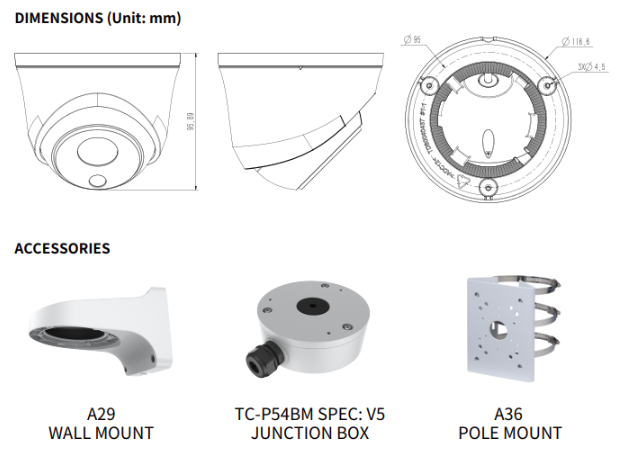 TC-C34HS Spec:I3/E/Y/C/SD/2.8mm/V4.0 Tiandy Superlite Lite Star Turret 4MP