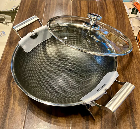 Honeycomb Stainless Steel Wok 12 Inch Non-Stick Induction-Compatible