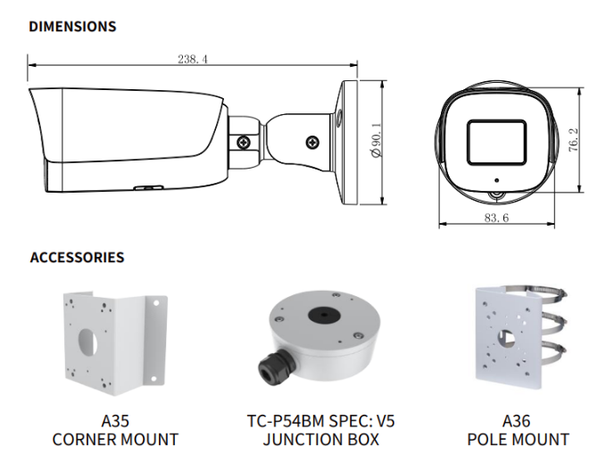 TC-C35US Spec: I8/A/E/Y/M/S/H/2.7- 13.5mm/V4.0 Tiandy Pro SMD Bullet 5MP Motorized 2.7-13.5mm