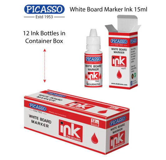 Picasso White Board Marker INK 15ml Bottle – 12 Bottles in Container Box (Available in Black, Blue, Green & Red Ink Shades)
