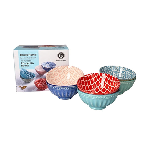 Bohemian Design Ceramic Bowls 6pcs Vibrant Porcelain Bowl Set