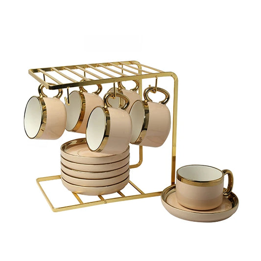 Porcelain Mug and Saucer Set with Golden Stand Elegant 6-Piece Tea & Coffee Set