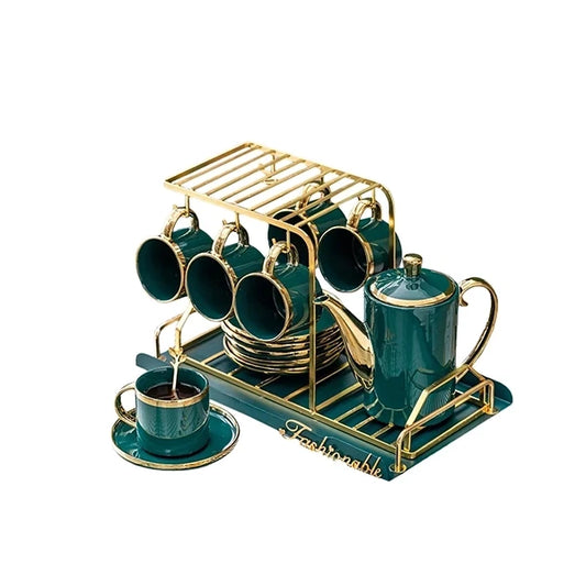 Porcelain Mug and Saucer Set with Golden Stand Elegant 6-Piece Tea & Coffee Set