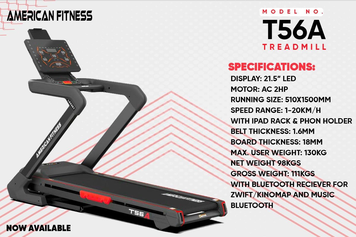 AC Motor Treadmill with 21.5” LED Display Bluetooth Zwift/Kinomap Compatible 130KG Capacity