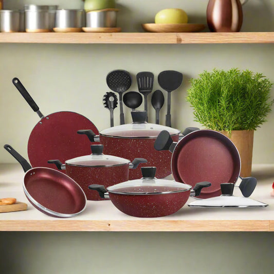 Marble Coating Copper Cook Gift Pack Set 16 Pieces - Maroon