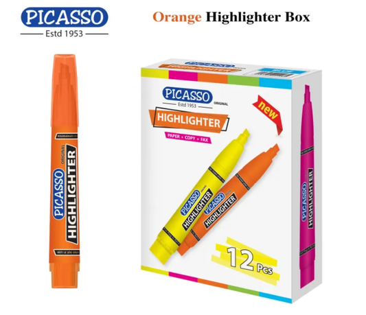 Picasso Multi Colour Highlighter – 10 Pcs in Cardboard Box (Available in 5 Colours: Yellow, Orange, Blue, Green & Pink)