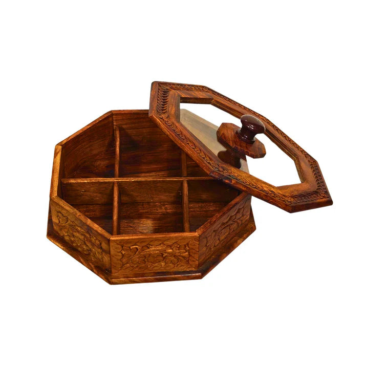 WOODSY Hand-Carved Dry Fruit Pot with Glass Lid