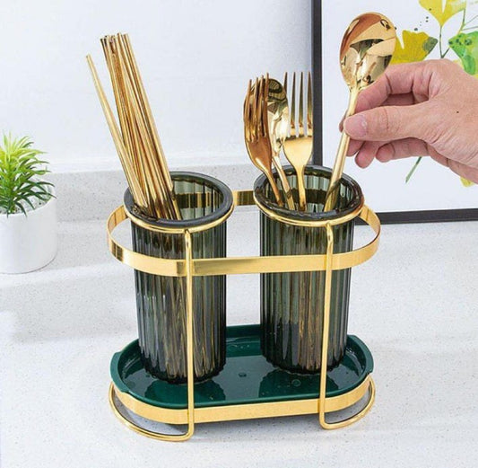 Kitchen Utensil Holder 2 Cups with Golden Iron Frame