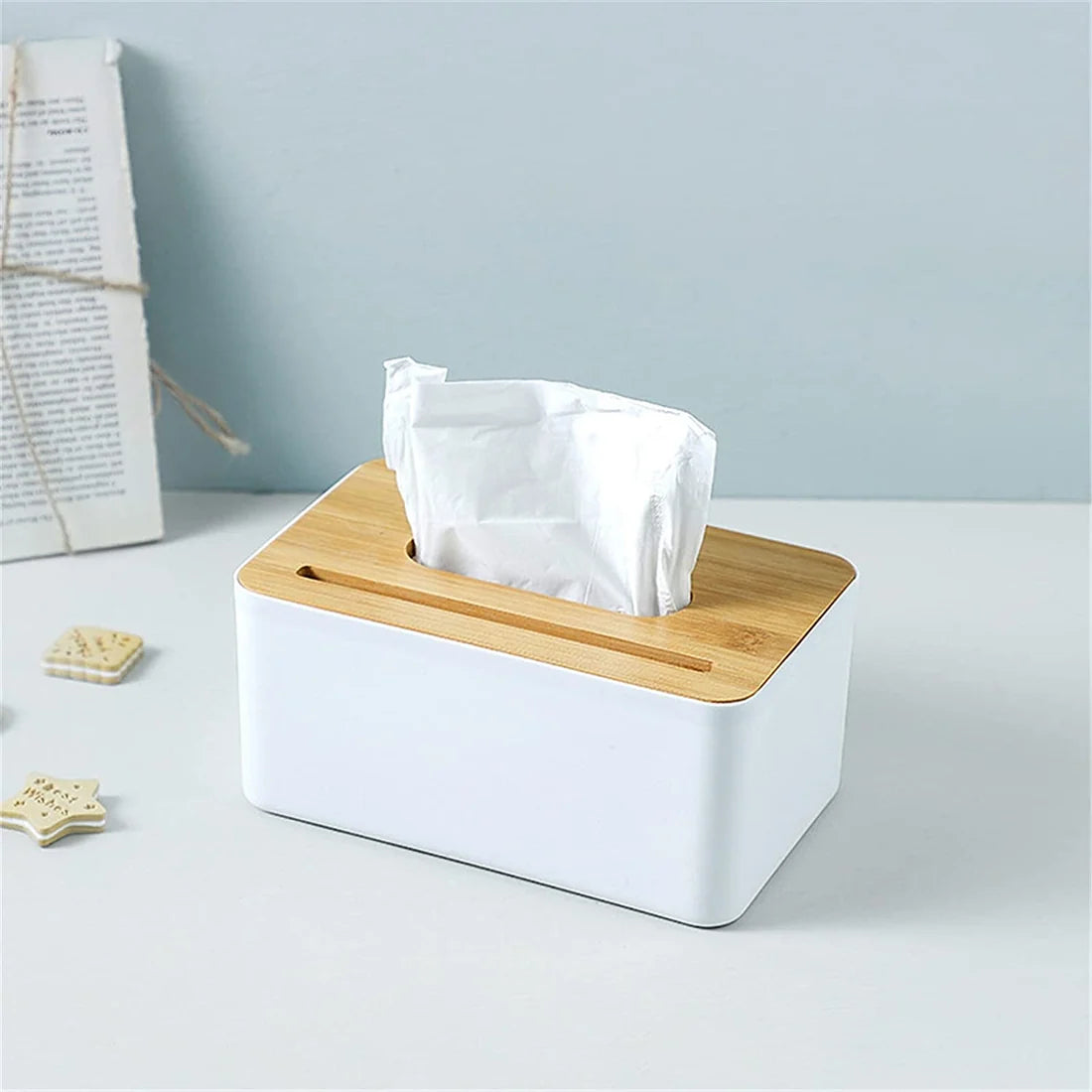 Modern Desktop Tissue Holder with Wooden Lid