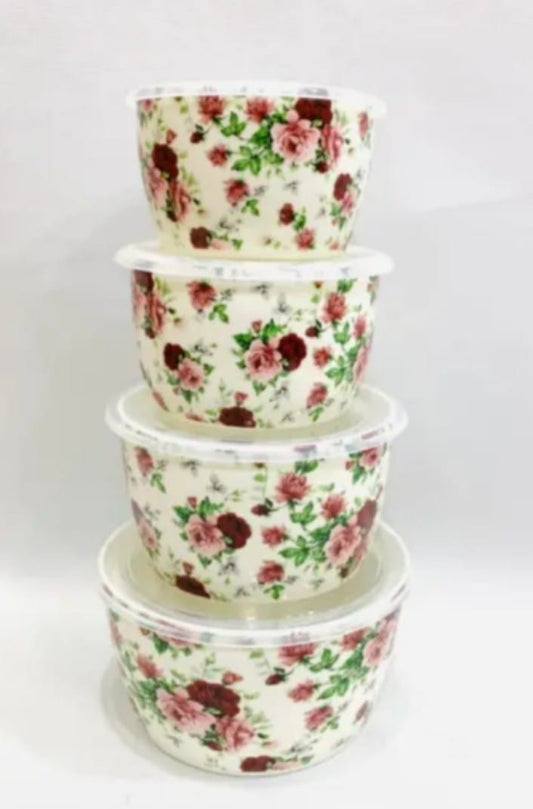 4 Pcs Ceramic Sealed Ware Bowl Set with Plastic Lid Microwave Safe