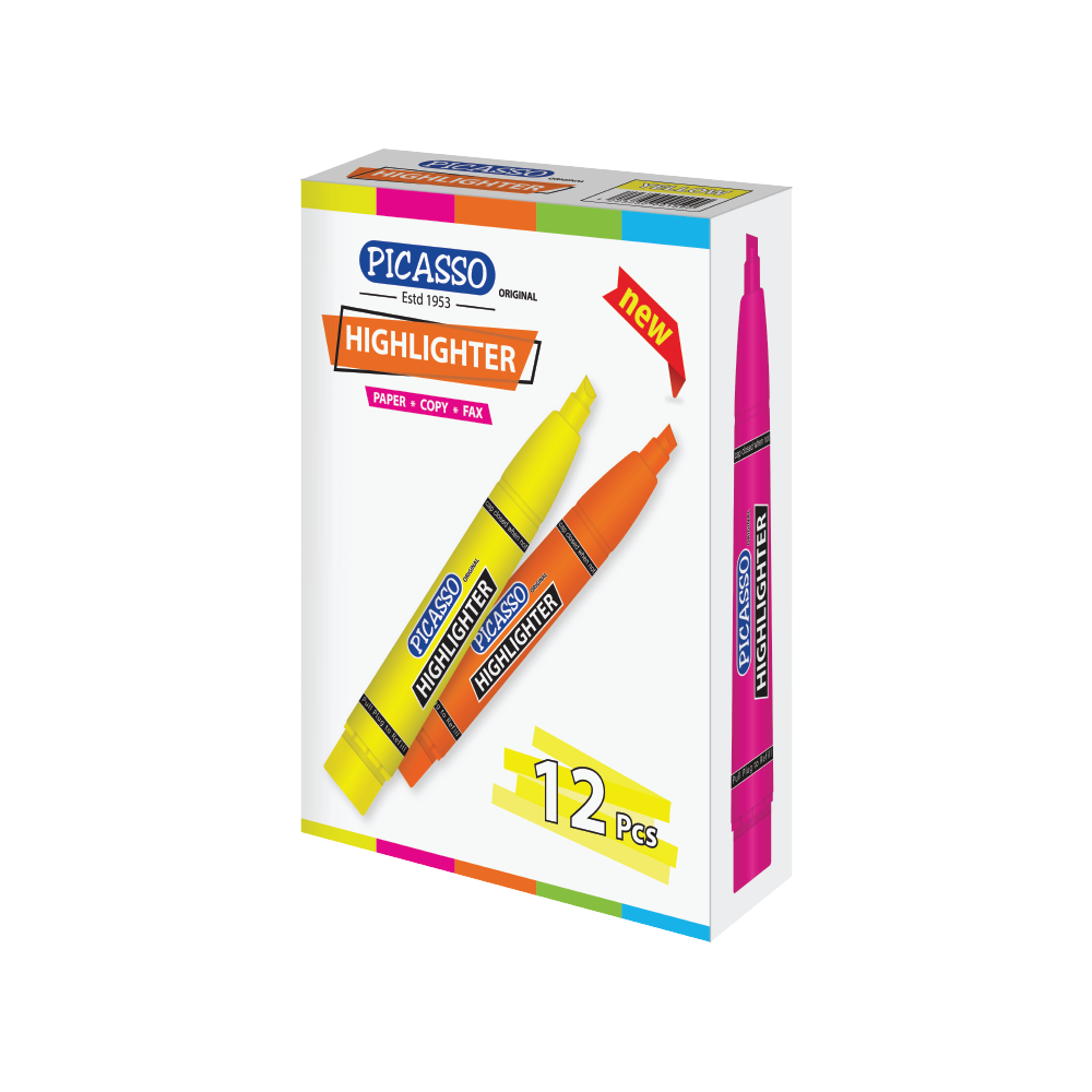 Picasso Multi Colour Highlighter – 10 Pcs in Cardboard Box (Available in 5 Colours: Yellow, Orange, Blue, Green & Pink)