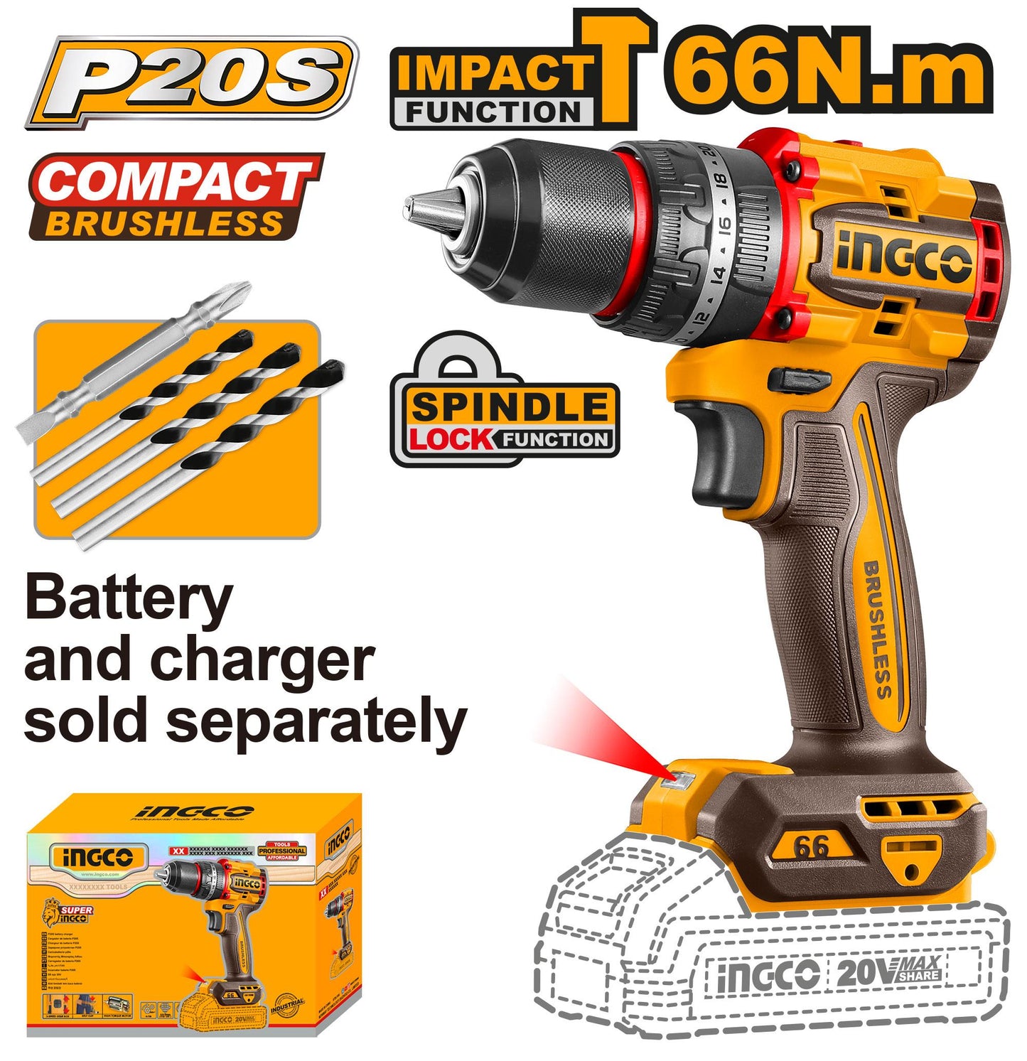 INGCO CIDLI206681 Compact Brushless Cordless Impact Drill