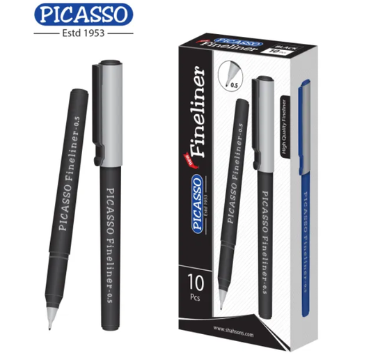 Picasso High Quality Fineliner 0.5mm Tip – 10 Pcs in Cardboard Packet (Available in 4 Ink Colours: Blue, Black, Red & Green)