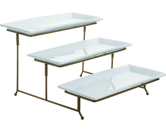 3 Tier Serving Tray with Golden Stand Elegant Ceramic Display Set