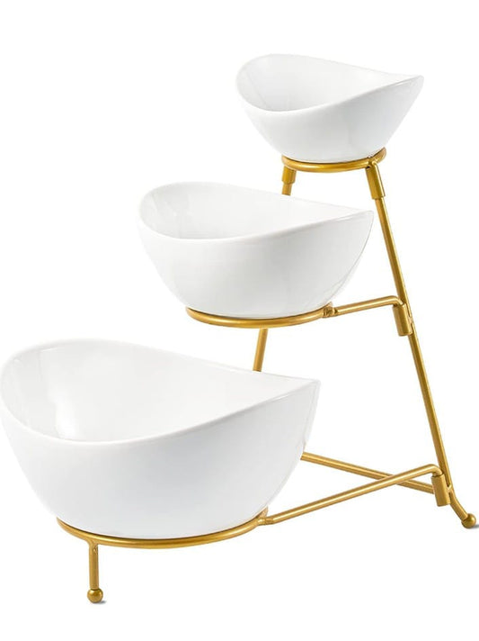 3 Tier Chip and Dip Serving Set Porcelain Oval Bowls with Metal Stand