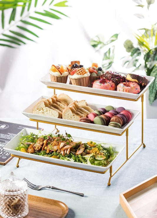 3 Tier Serving Tray with Golden Stand White Ceramic