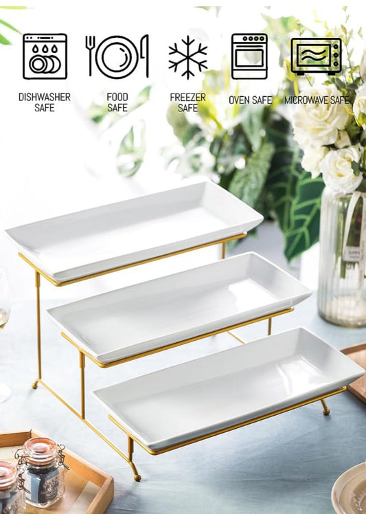 3 Tier Serving Tray with Golden Stand White Ceramic
