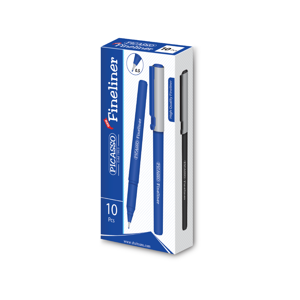 Picasso High Quality Fineliner 0.5mm Tip – 10 Pcs in Cardboard Packet (Available in 4 Ink Colours: Blue, Black, Red & Green)