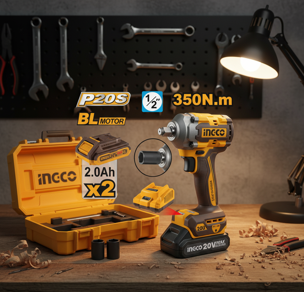 SUPER INGCO CIWLI2035 – 20V Cordless Impact Wrench 1/2" Brushless Motor with 2 Batteries & Charger