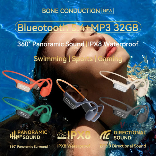 Purilite Select S10 Bluetooth 5.4 True Bone Conduction Headphones – IPX8 Waterproof, 32GB MP3 Mode & LED Display (For Swimming & Sports)