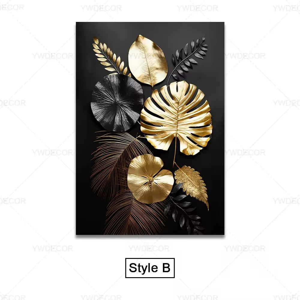 Purilite Select Luxury Black & Gold Plant Leaves Canvas Print