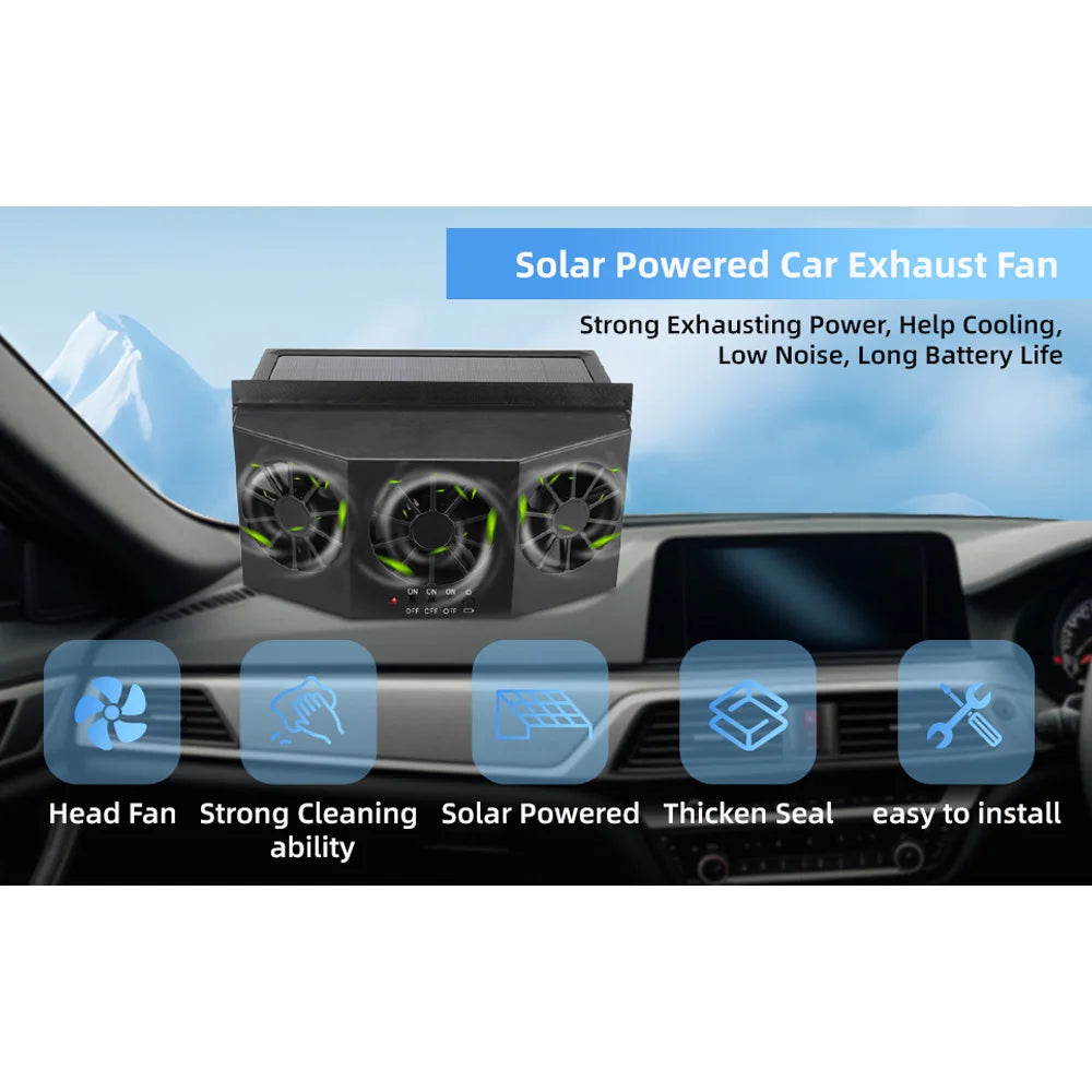 Purilite Select Solar Powered Car Exhaust Fan Triple Ventilation Window Mounted Heat Removal Fan