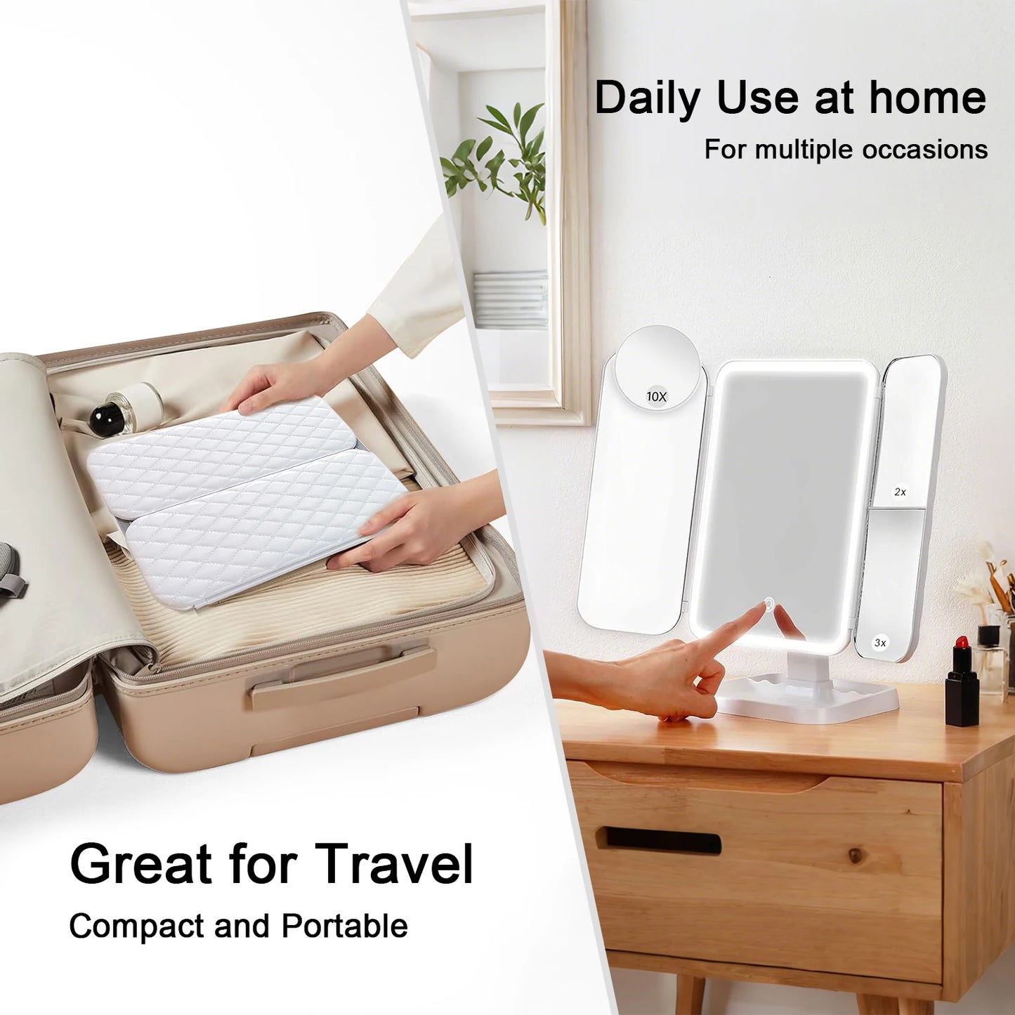 Purilite Select Trifold Makeup Mirror LED Lights | Smart Beauty Light-Up Mirror | Dorm Dressing and Complementary Fill Light