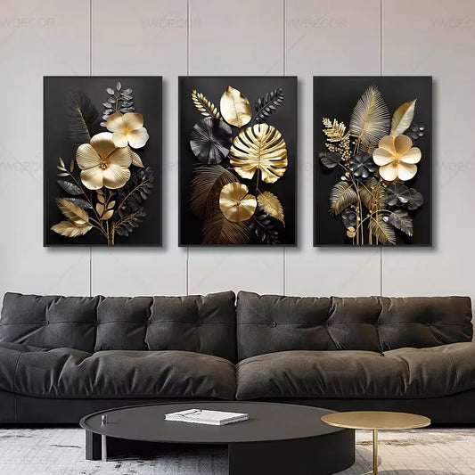 Purilite Select Luxury Black & Gold Plant Leaves Canvas Print