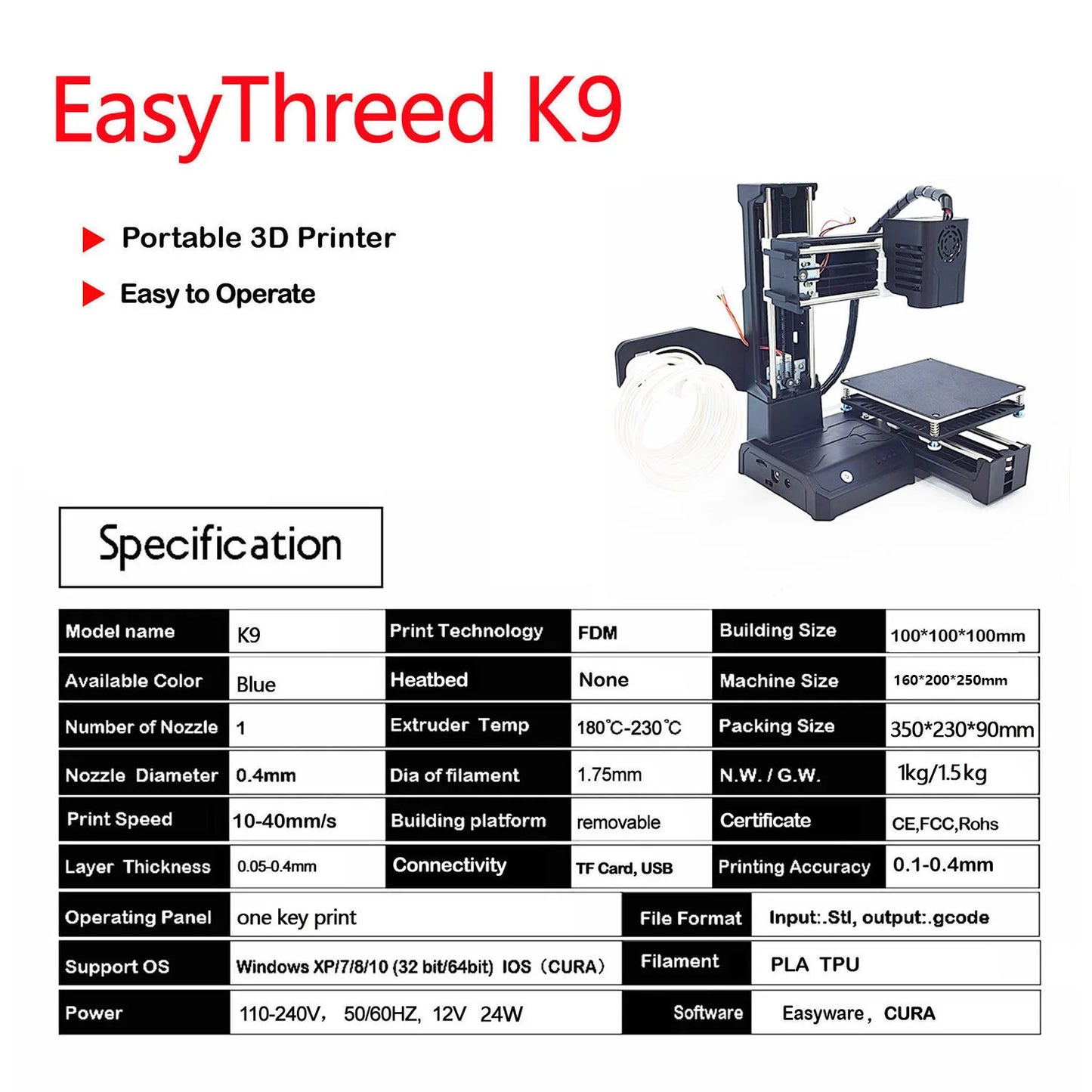 Purilite Select EasyThreed K9 Mini 3D Printer