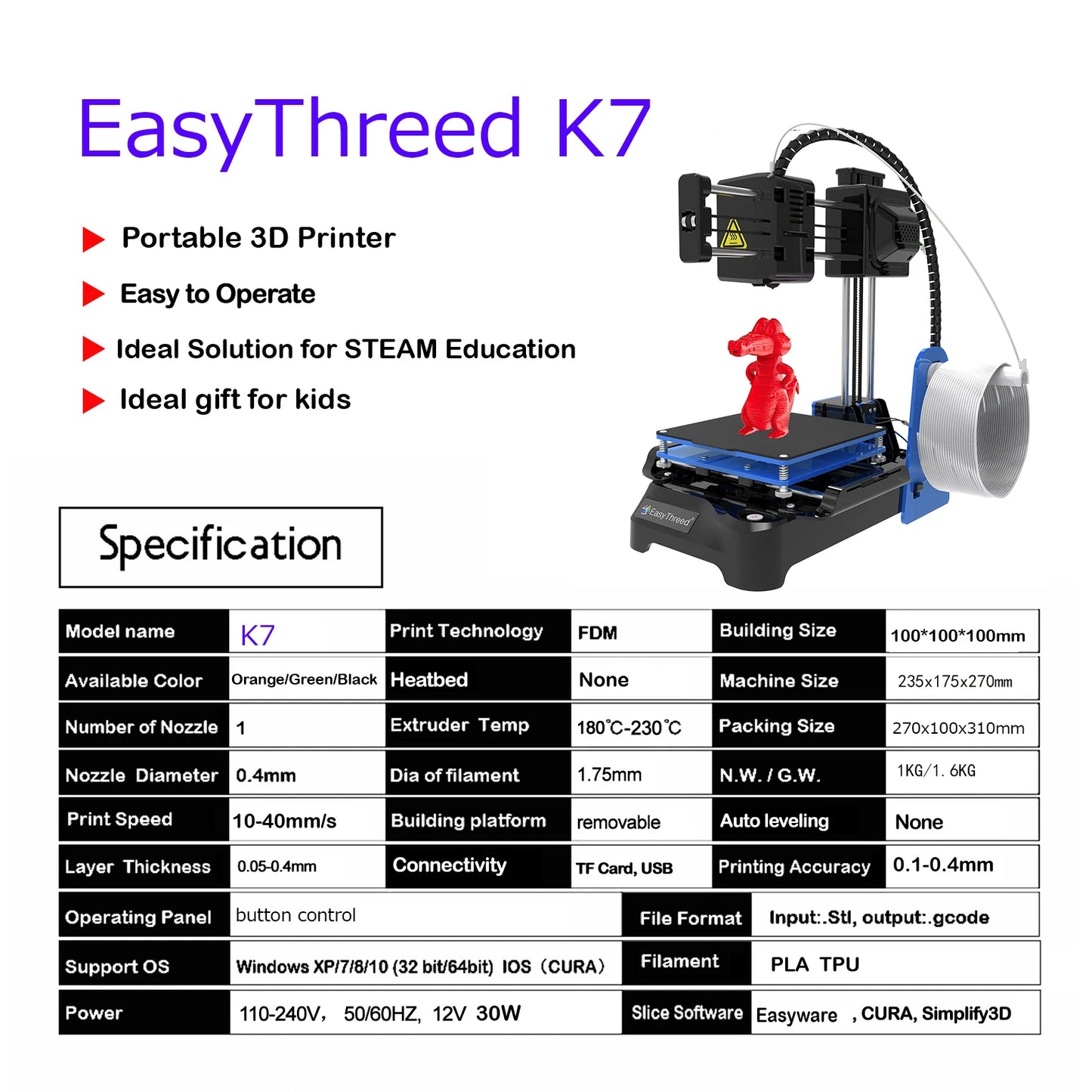 Purilite Select EasyThreed K7 Mini 3D Printer