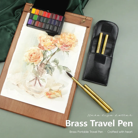 Purilite Select 4pcs Brass Travel Pen Portable Divisible Watercolor Brush Set with PU Bag – Ideal for Painting & Nail Art