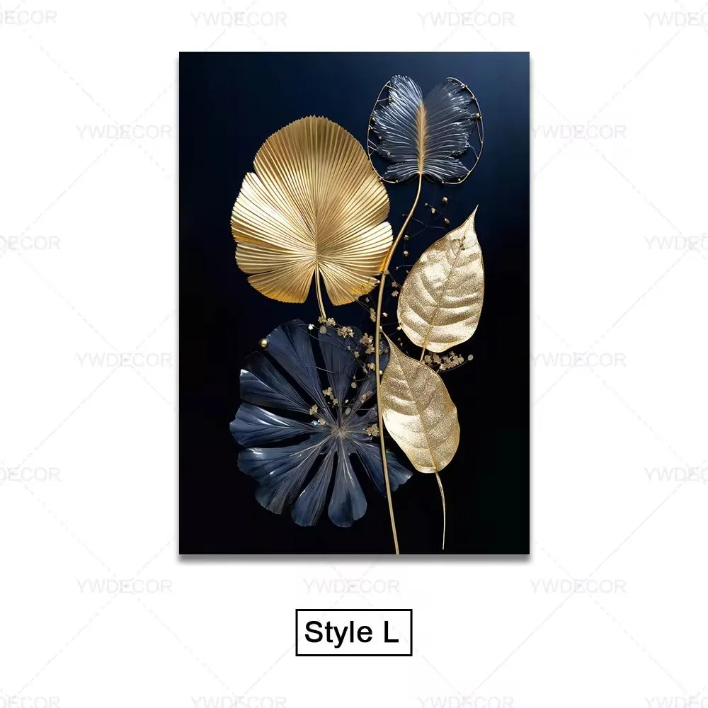 Purilite Select Luxury Black & Gold Plant Leaves Canvas Print