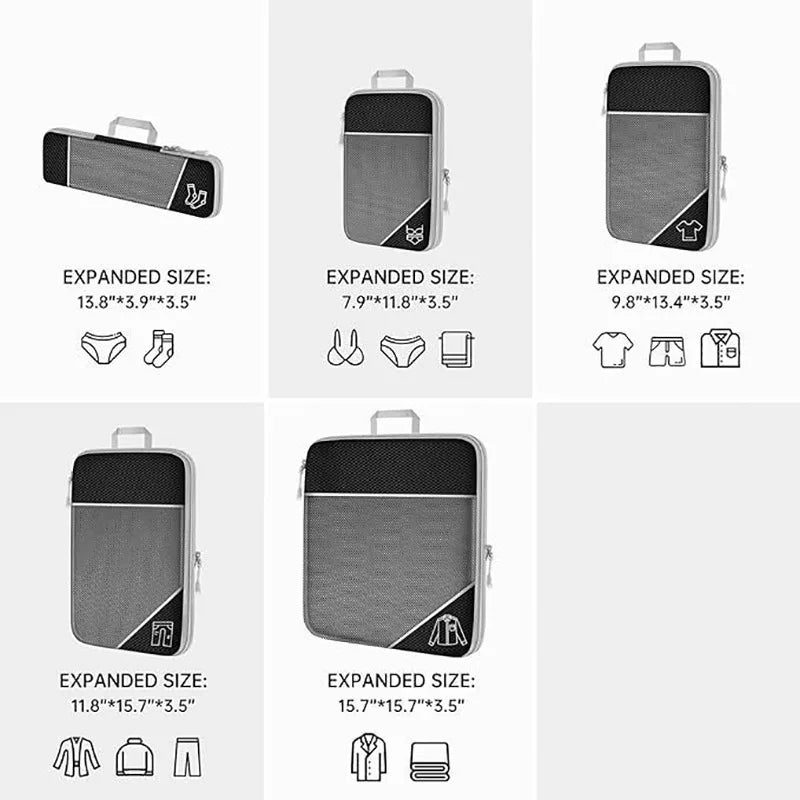 Purilite Select 5PCS Travel Compression Packing Cubes & Shoe Bag Set