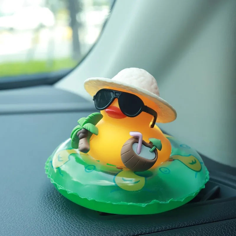 Purilite Select Tropical Rubber Duck Car Dashboard Ornament Set of 3 with Sunglasses and Coconut Float Decorative Interior Accessories
