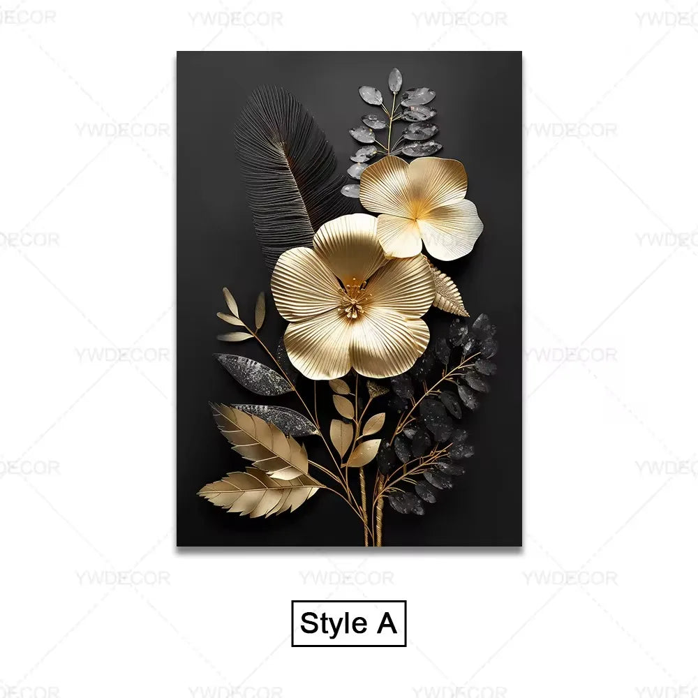 Purilite Select Luxury Black & Gold Plant Leaves Canvas Print