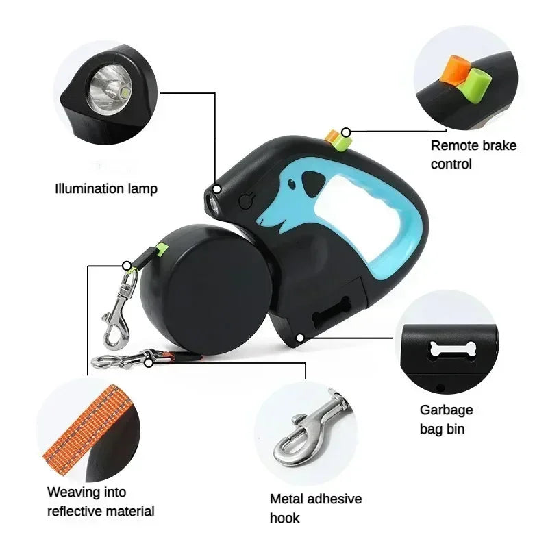 Purilite Select 3M Retractable Rotating Double Pet Leash with Flashlight & Poop Bag Box
