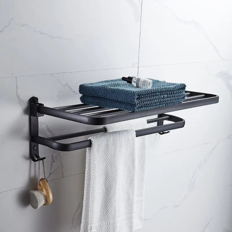 Purilite Select Matte Black 50CM Folding Towel Rack with Hook