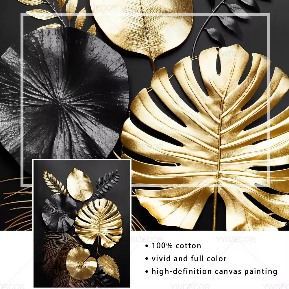 Purilite Select Luxury Black & Gold Plant Leaves Canvas Print