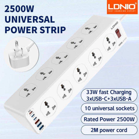 Purilite Select | LDNIO Multi 10-Outlet Power Strip | Universal Socket with USB-C PD & QC Fast Charging | 33W | 2m Extension Cable | Surge Protector