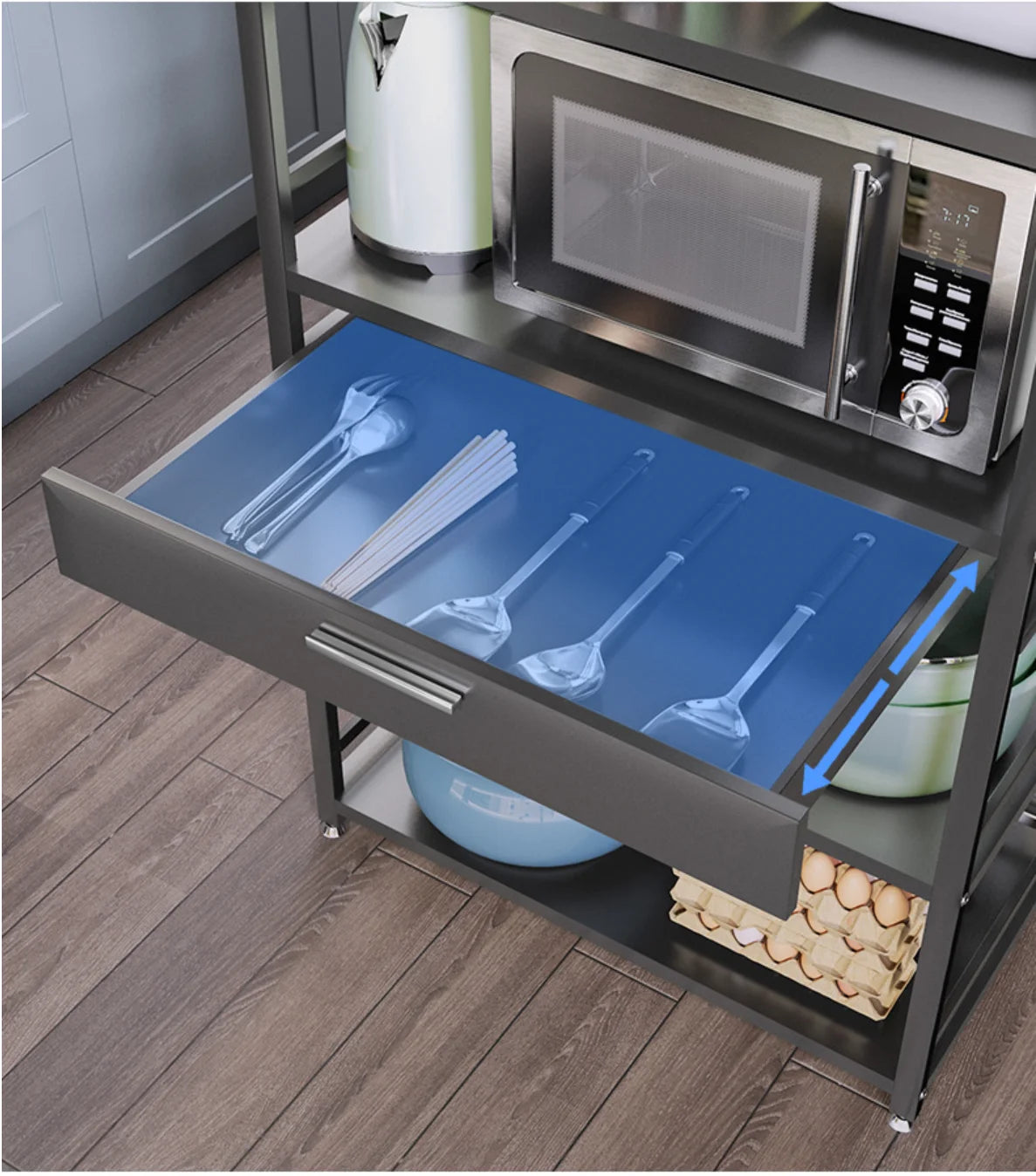 Purilite Select 2-Tier Microwave Shelf | Aluminum Kitchen Storage Rack with Drawer | Space Saving Organizer Stand