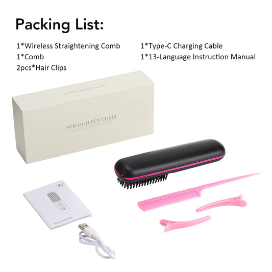 Purilite Select Electric Ceramic Heating Straight Hair Comb Wireless Portable Negative Ion Styling Tool Rechargeable USB Straightening Brush