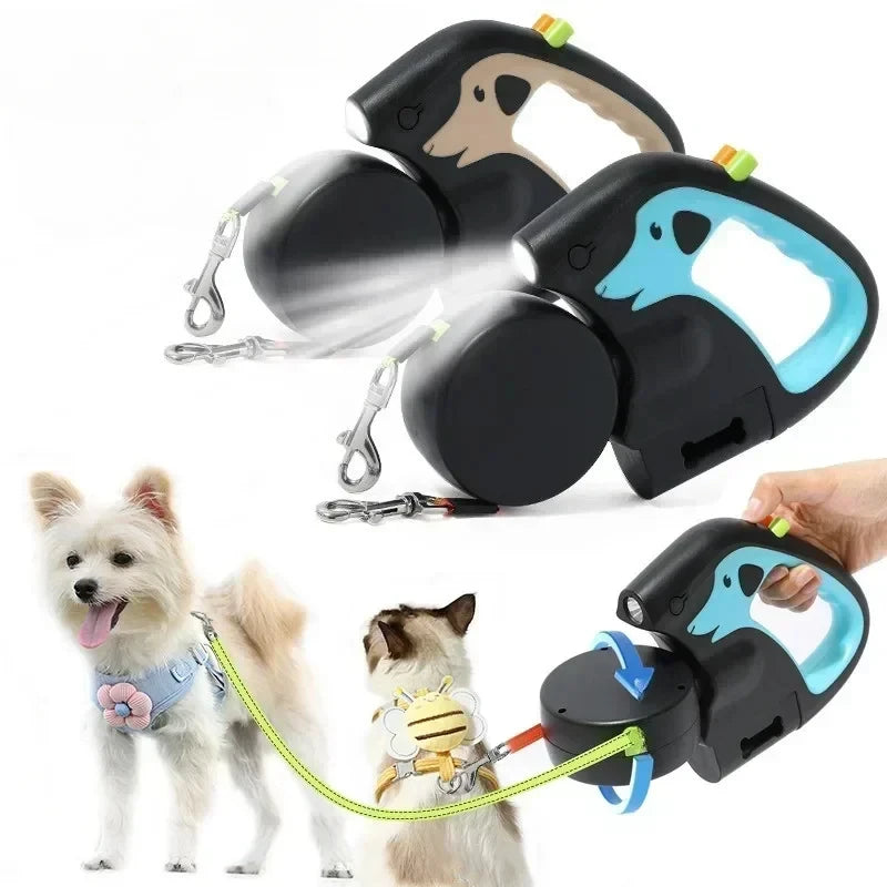 Purilite Select 3M Retractable Rotating Double Pet Leash with Flashlight & Poop Bag Box