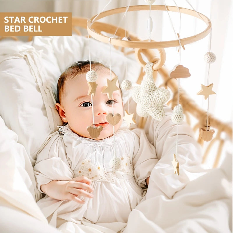 Purilite Select Wooden Baby Crib Mobile | Crochet Star Hanging Bed Bell | Nursery Rattle Decoration | Newborn Comfort Toy