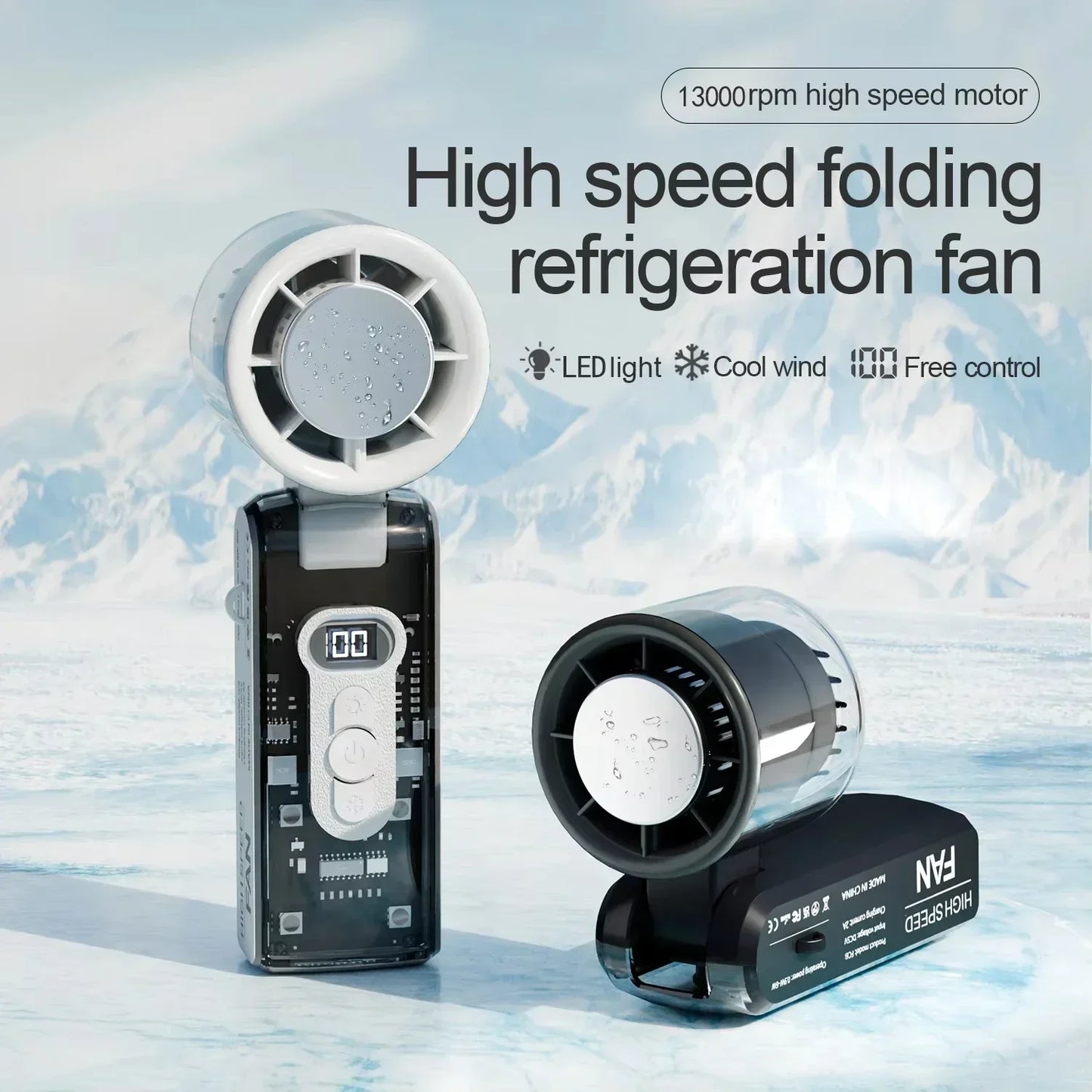Purilite Select High-Speed Folding Refrigeration Fan – Digital Display Mini Portable USB Charging Fan
