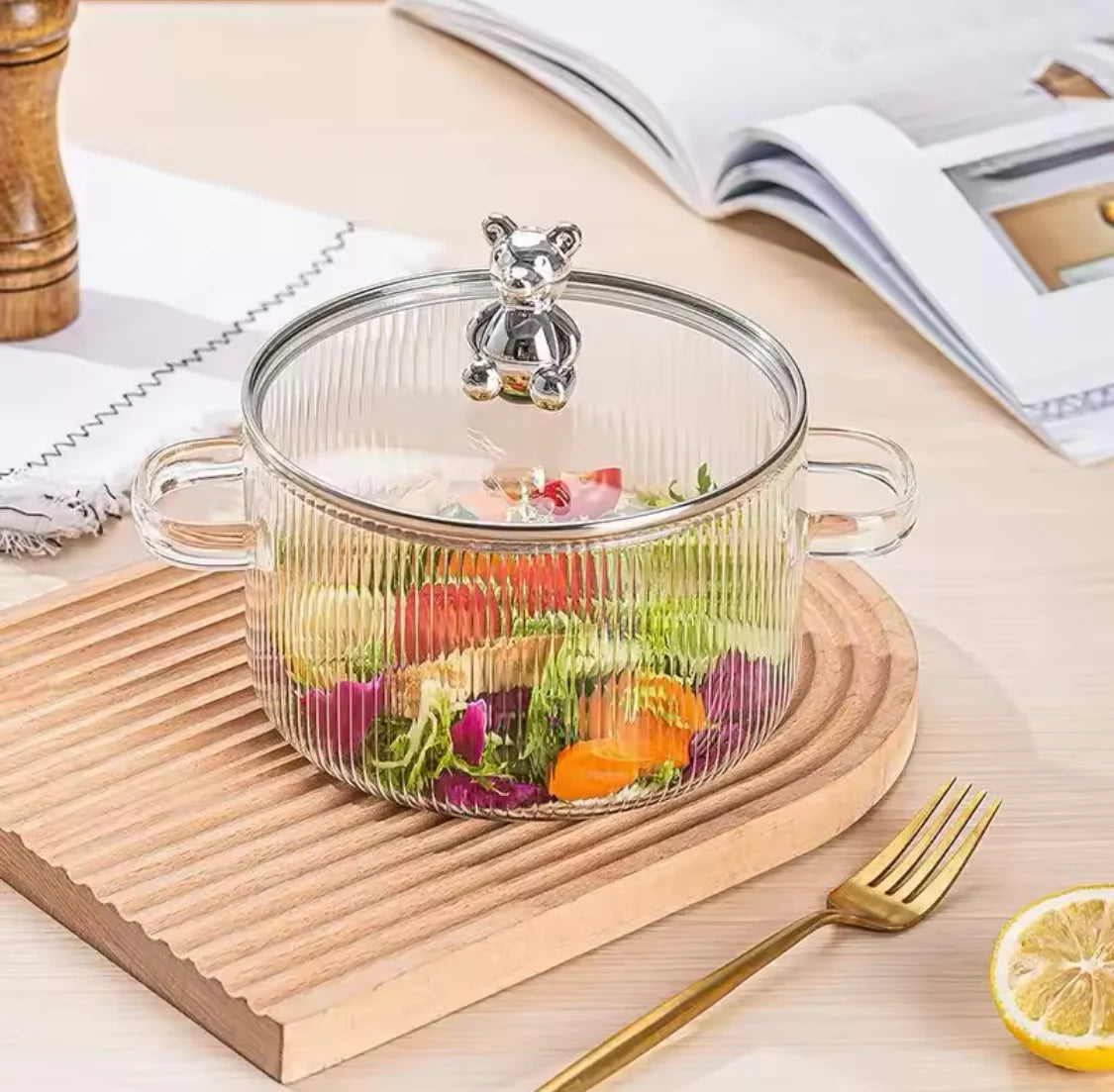 Bear Glass Cooking Pot, Large Capacity Heat-Resistant Borosilicate Glass Saucepan with Dual Handles