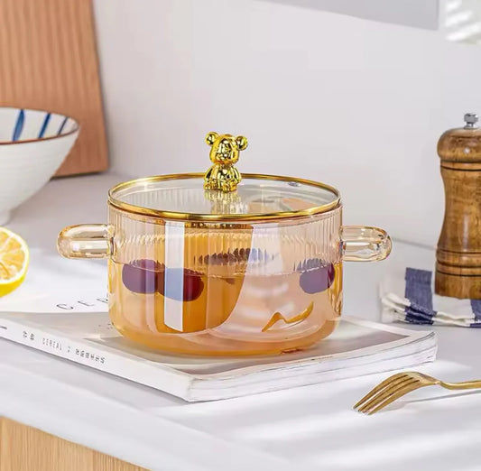 Bear Glass Cooking Pot, Large Capacity Heat-Resistant Borosilicate Glass Saucepan with Dual Handles