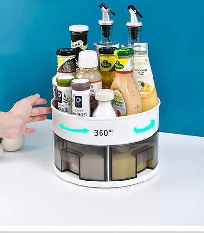 360° Rotating Kitchen Storage Rack Multifunctional Acrylic Spice & Cutlery Organizer with Metal Stand